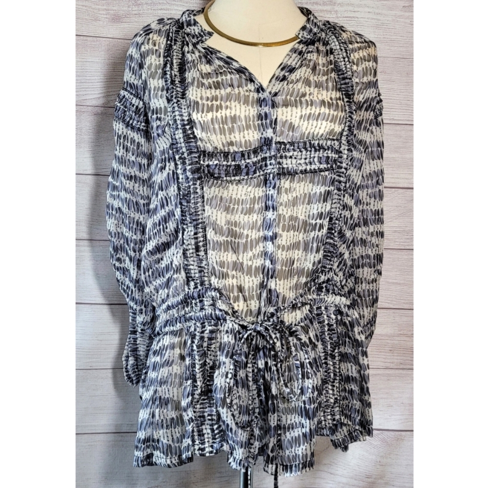 Blue Tassel Womens Blouse Size S Printed Roll Tab Sleeve Runched Tie 100% Silk